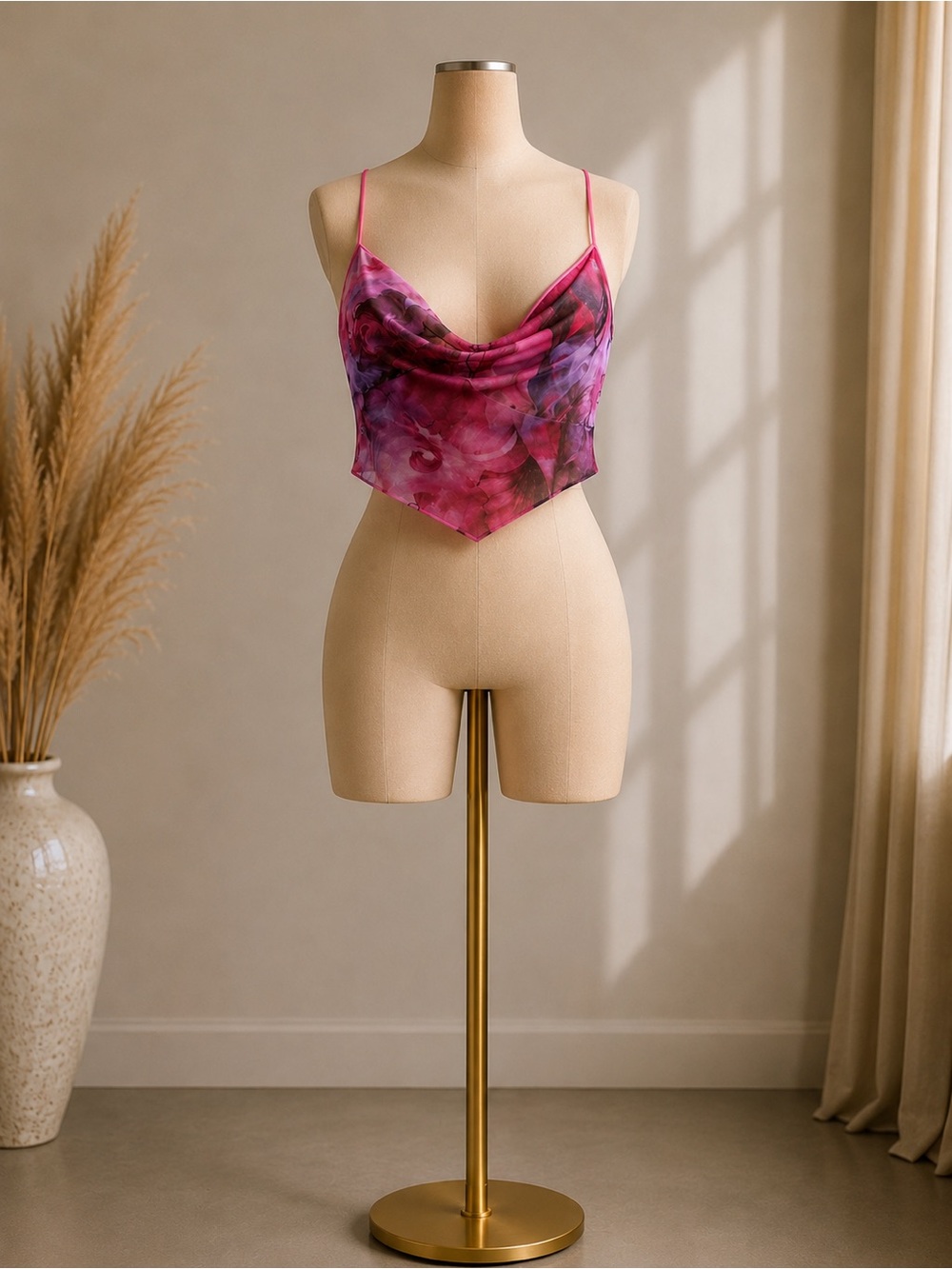 Pink Watercolor Cowl Neck Satin Camisole